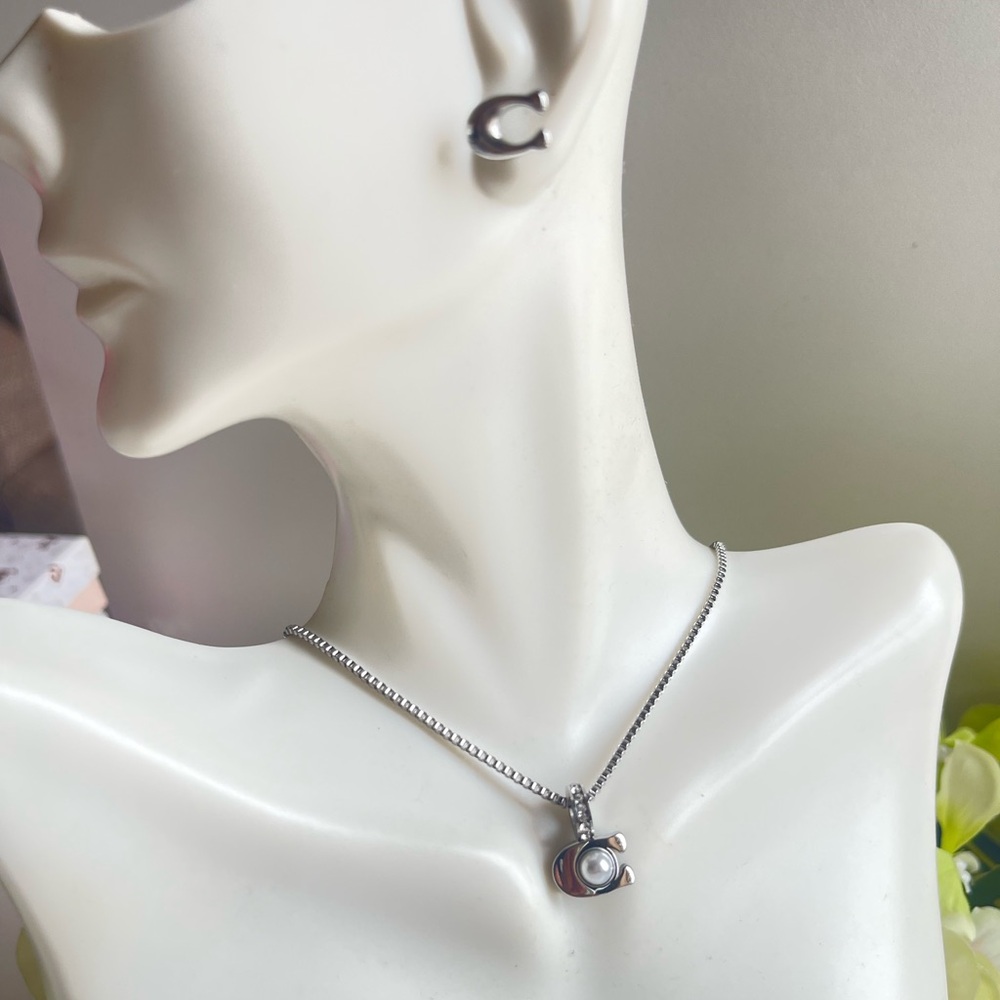Coach Silver-Tone Necklace with Pearl Pendant and Hoop Earrings - Picture 7 of 7